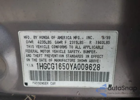 2000 Honda Accord 3.0 Ex из США, поврежденный, VIN 1HGCG1650YA009628